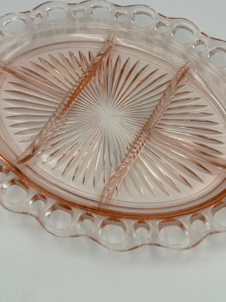 Vintage Anchor Hocking Pink Depression Glass Old Colony, Open Lace, Five Section Divided Oval Serving Dish