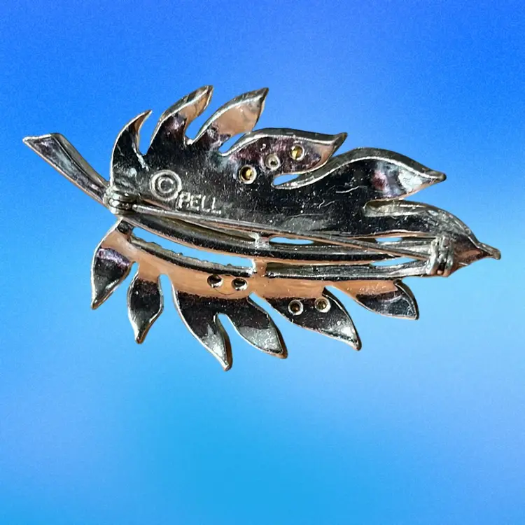 16. Vintage Rhinestone Leaf Brooch 1950s "PELL" Designer Signed