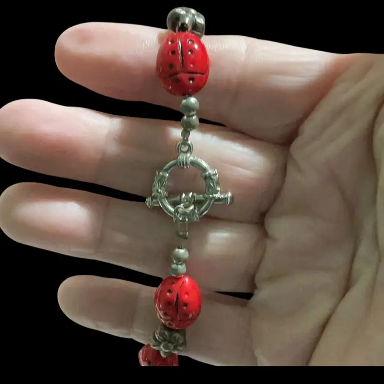 Cute Ladybug Silvertone Link Bracelet.