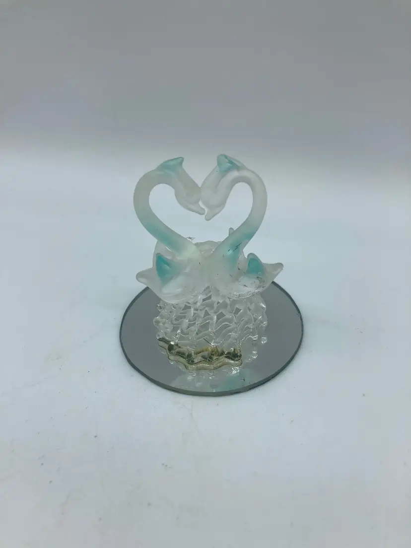 Spun Glass Swans Figurine on Mirror