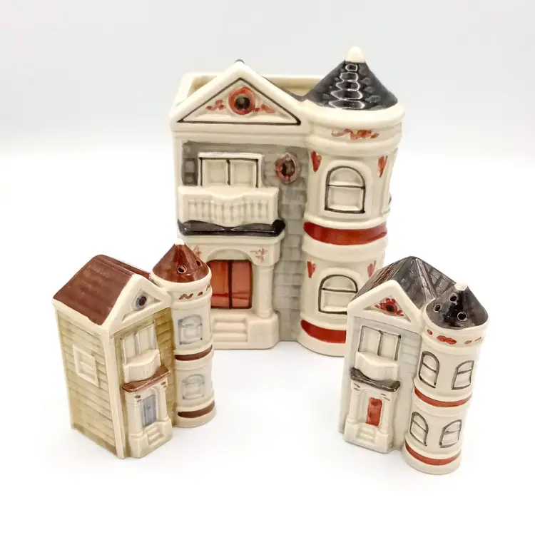 Vintage Lot OMC Otagiri Victorian Townhouse Salt & Pepper Shakers & Canister