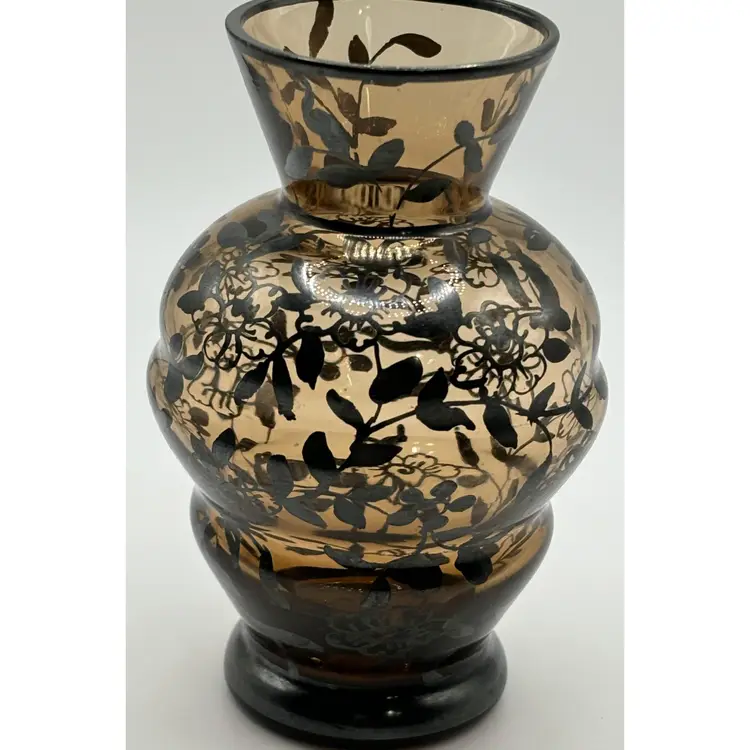 4" tall Smokey Brown with Black Flowers in a Honeycomb Shape Vase