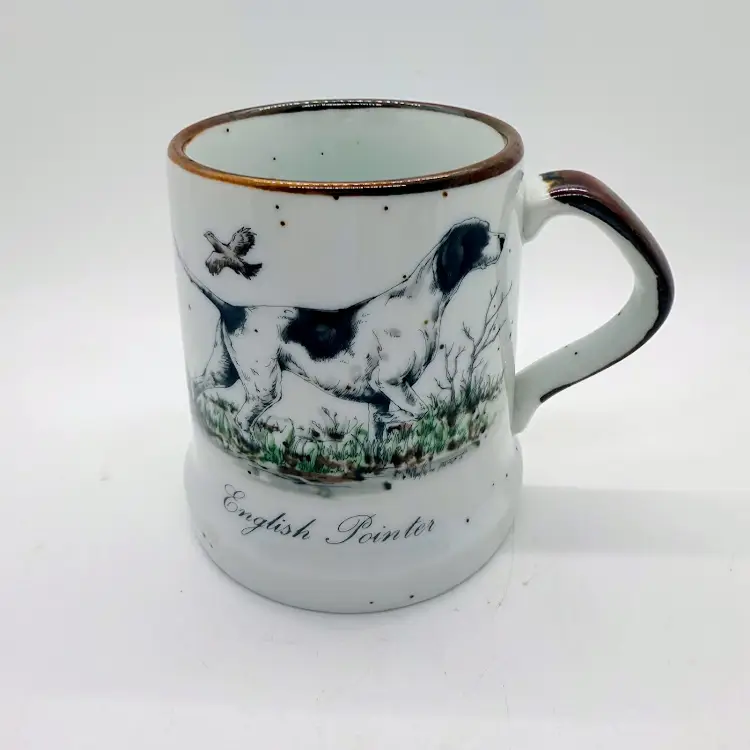 Vintage Speckled Beige & Brown Stoneware Mug English Pointer Hunting Dog Chip