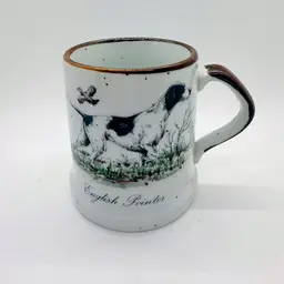 Vintage Speckled Beige & Brown Stoneware Mug English Pointer Hunting Dog Chip