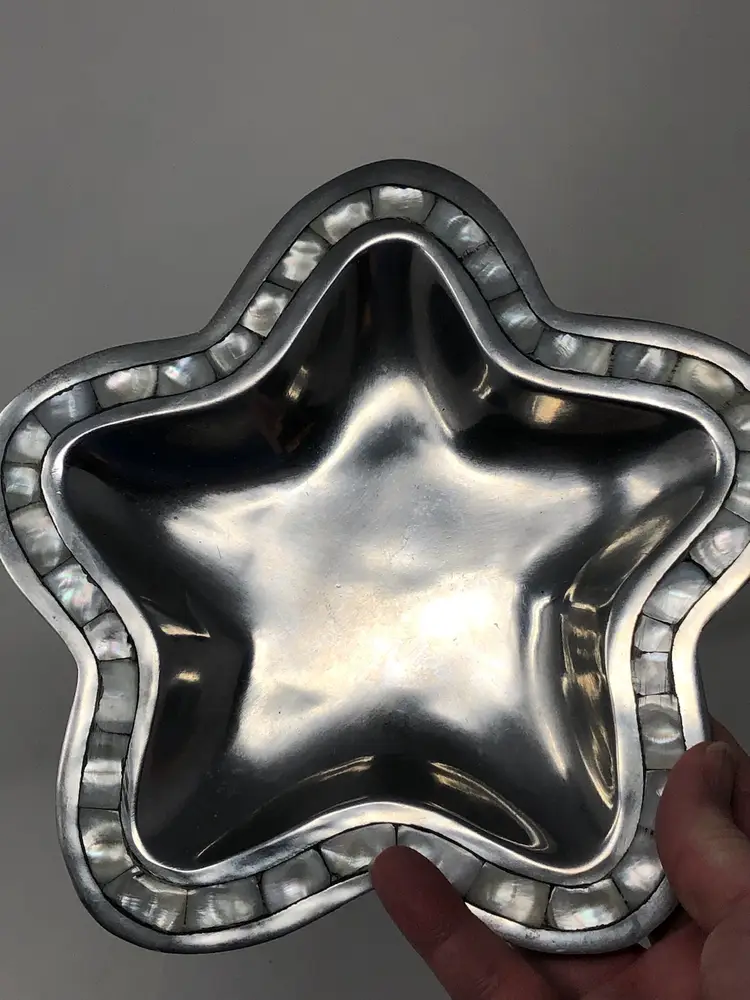 Star Shaped Silver Tone Dish with Inlaid Mother of Pearl Tiles