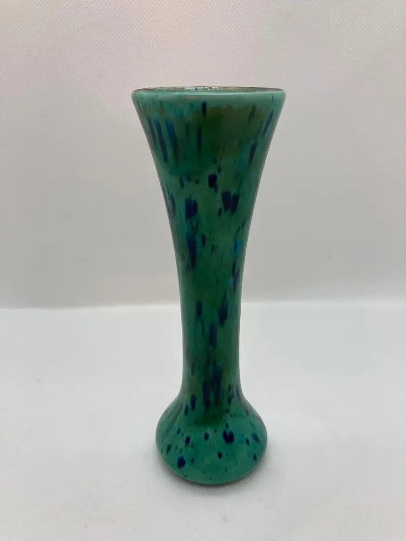 1970's Hippy Bud Vase Speckled Glaze Aqua & Blue 6” Tall Retro, Signed 'Angela'
