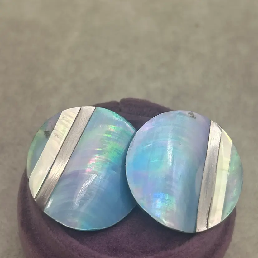 Vintage 1980s Blue Iridescent Shell Disc Earrings Silver Tone Stripe Statement Studs