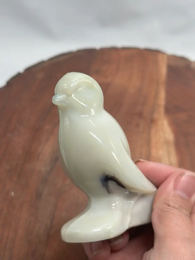 Vintage White Slag Glass Bird Perched Paperweight Figurine