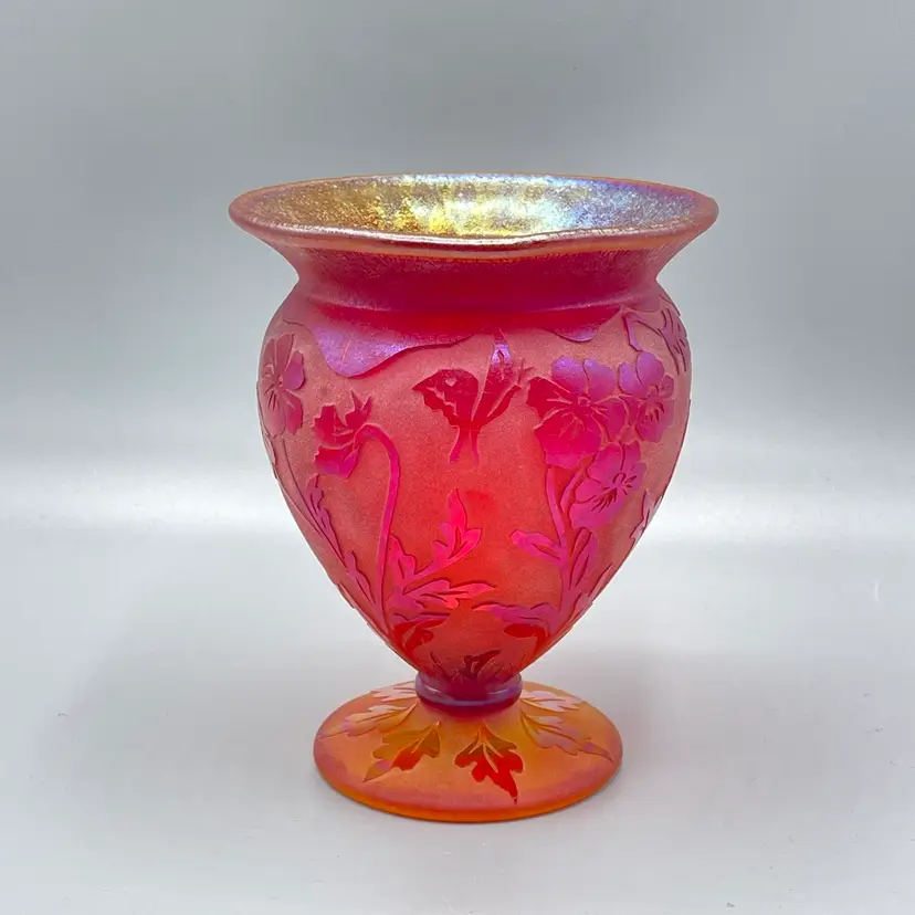 Fenton OOAK Martha Reynolds Sand Carved Ruby Amberina Stretch 6” Footed Vase Signed Butterflies & Florals