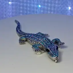 Blue Rhinestone Alligator Brooch Pendant Silver Tone Sparkly Statement Jewelry (Inv - #06)
