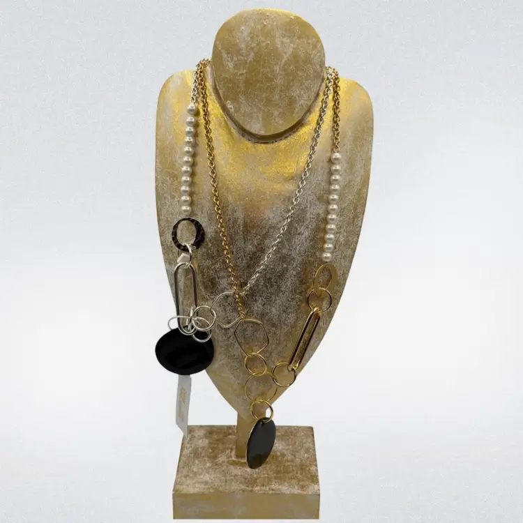 Diane von Furstenberg Mixed Metal Faux Pearl Statement Black Enamel Disc Chunky Necklace, NWT