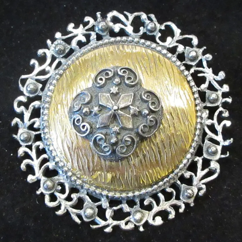 Vintage Large Victorian Style Gold Tone & Silver Tone Metal Brooch or Pendant - 2.5 Inch Diameter