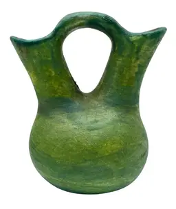 Signed Jeremy Diller Raku Studio Art Pottery Wedding Vase Green Metallic 5”