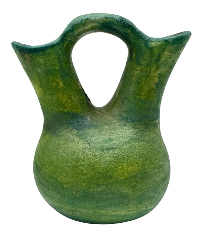 Signed Jeremy Diller Raku Studio Art Pottery Wedding Vase Green Metallic 5”