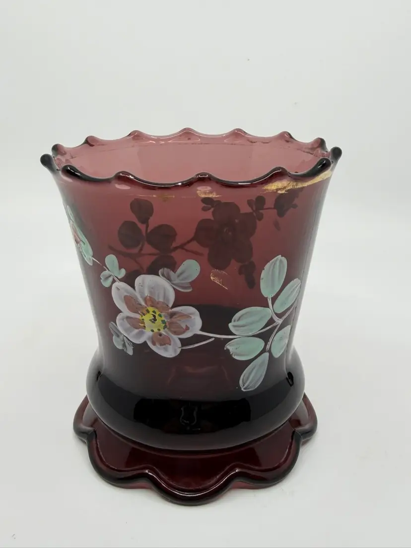 Vintage Amethyst Purple Glass Hand Painted Flowers Votive Planter vase