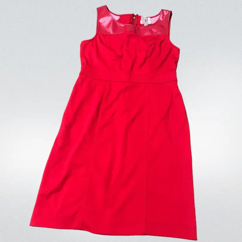 ICE 90’s Red Sleeveless Dress Faux Leather Neckline - Vintage Size 16 (Modern 8-12)