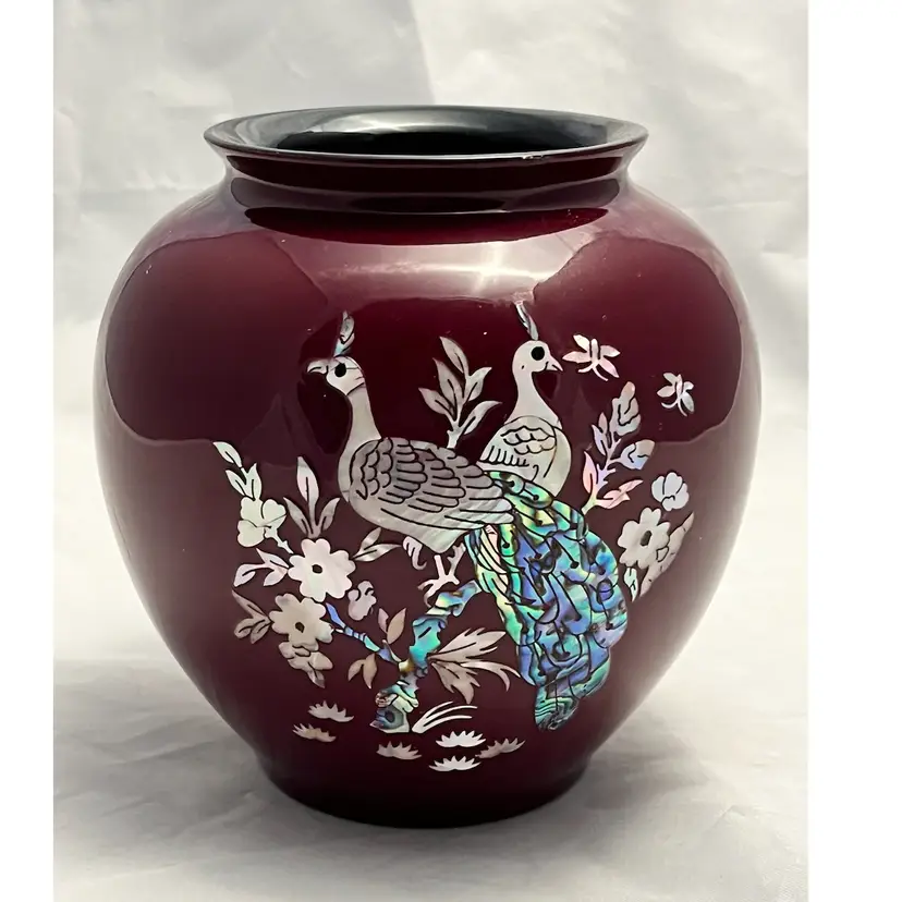 Vase w/ Mother of Pearl Abalone Peacock Inlay Design, Vintage EUC