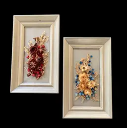 Vintage 1970s Framed Dried Floral Art Signed M Nelson