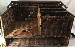 Wicker table top picnic caddy, 7 compartments, 2 handles, painted steel frame