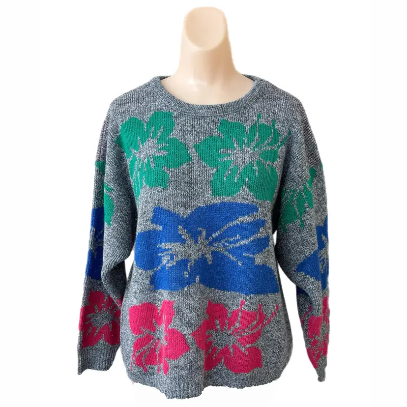 Kate Collins Medium Floral Sweater Made USA 1990s Gray Grey Blue Red Vintage