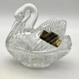 26 - Vintage Clear Lead Bavarian Crystal Swan On Nest Trinket Box (With Box) West Germany 3.75”