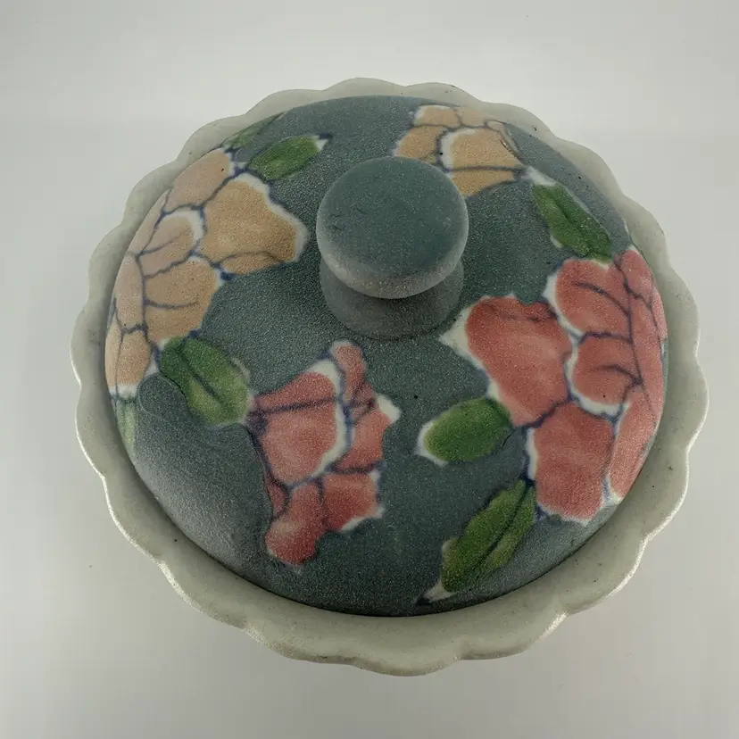 Vintage Floral Sand Art Ceramic Lidded Bowl