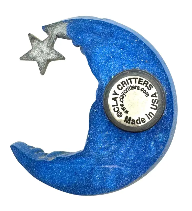 Clay Critters Smiling Crescent Moon Blue Silver Crystal Star Fridge Magnet 2.25”