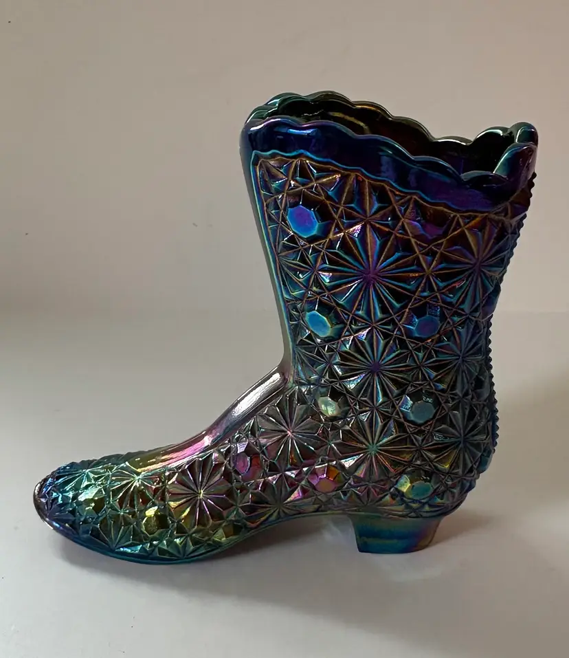 Fenton Carnival Glass, Iridescent Boot In Daisy And Button Pattern. 4” X 4”