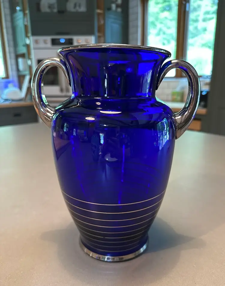 Art Deco Louis Glass Cobalt Blue w Silver Trim 9.5” Vase Handles