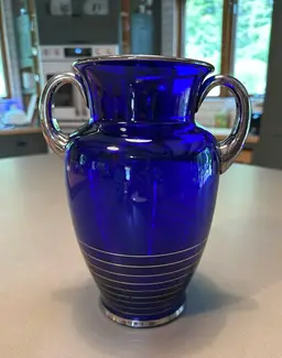 Art Deco Louis Glass Cobalt Blue w Silver Trim 9.5” Vase Handles