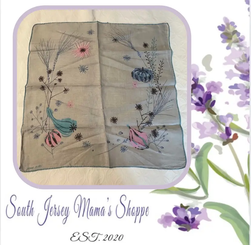 Vintage Jeanne Miller Gray With Pink and Teal Gourds Hankerchief