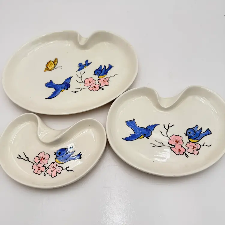Stacking Set Of Hand painted Ceramic Dishes Decorated With Flowers And Bluebirds