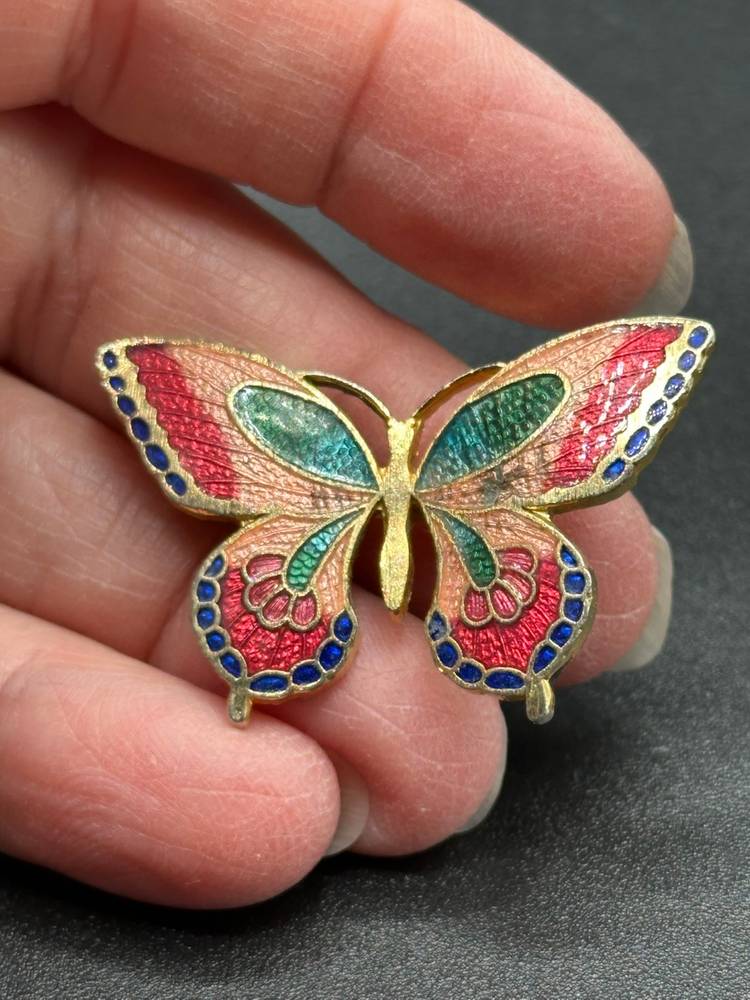 Vintage Blue Black Red Cloisonne Enamel Butterfly Flying Insect Dainty Brooch