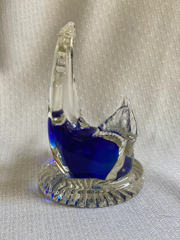 Cobalt Blue And Clear Art Glass Mother Swan Feeding Baby Swan On Base