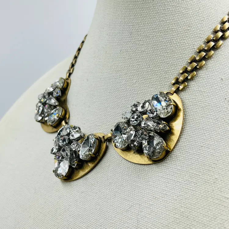 J.Crew Gold Tone Crystal  Cluster Statement Necklace Glamorous Runway Maximalist