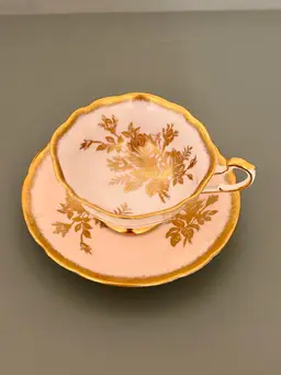 Vtg Paragon Anniversary Rose Footed Tea Cup and Saucer Gold Gilt Roses Pastel Pink
