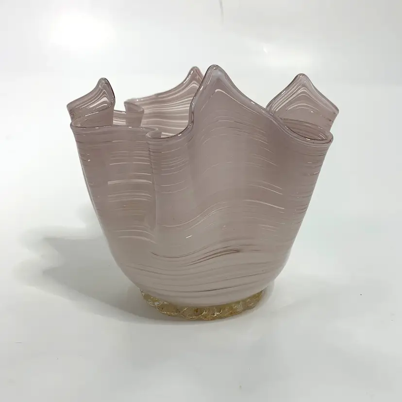 Italian Hand Blown Handkerchief Vase Lavender Pink Foil Label Golden Crown Vintage