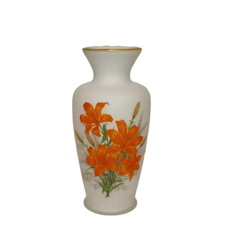 Vintage 1980's Enesco White Satin Glass Orange Day Lilies Glass Vase Gold Trim