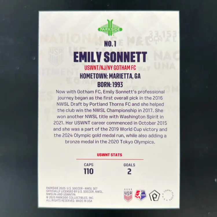 Emily Sonnett 2025 Parkside Club & Country Laser Shimmer /99 USWNT Soccer Card