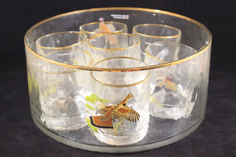 Set of 7 Vintage Moderne Whiskey Glasses Game Bird Ned Smith w/ Platter