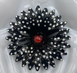 #25 Large Vintage Black & White Polka Dot Enamel Flower Brooch with Ladybug Accent 3”🐞
