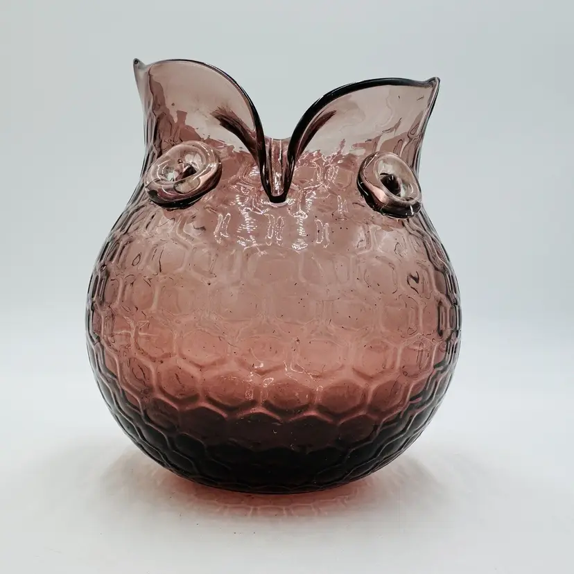 Murano Art Glass Owl Vase Purple Honeycomb Pattern Italy Amethyst 6.5in Vintage