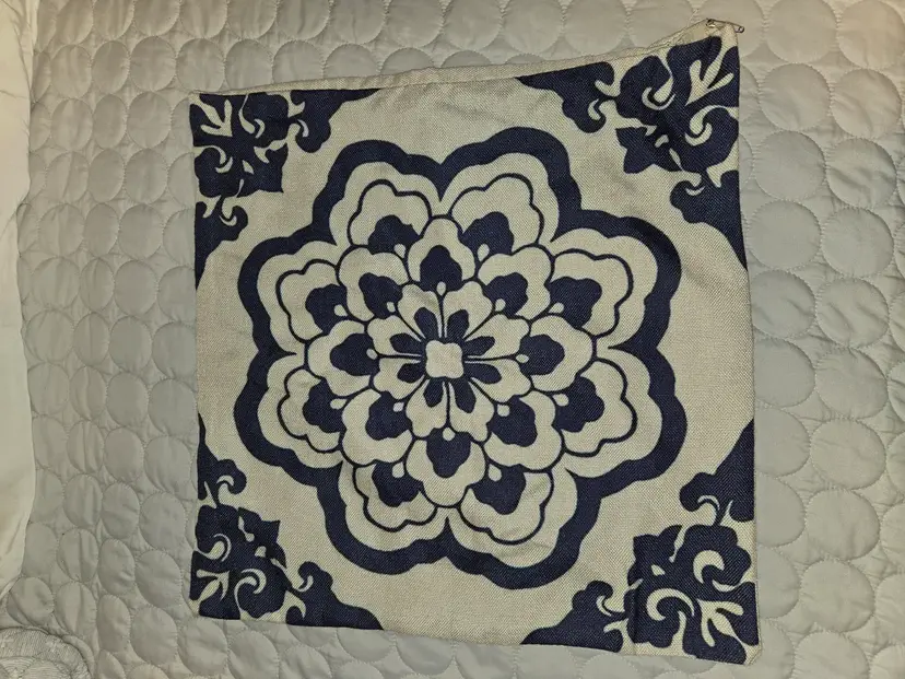 Navy Blue & White Floral Medallion Pillow Cover - Boho Mandala Print