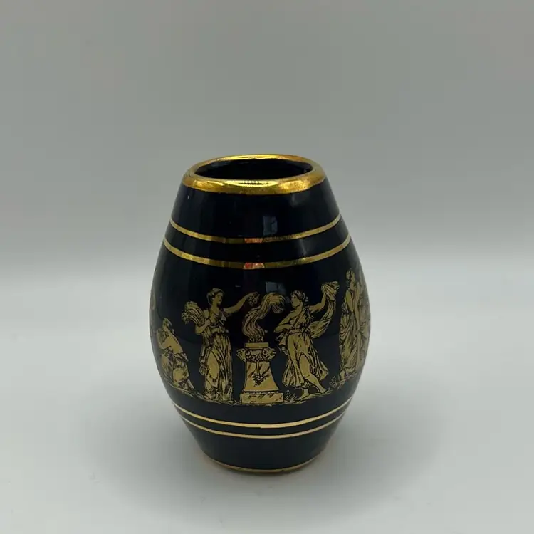 Vintage Greek Spyropoulos Cobalt Blue 24K Gold Mini Vase