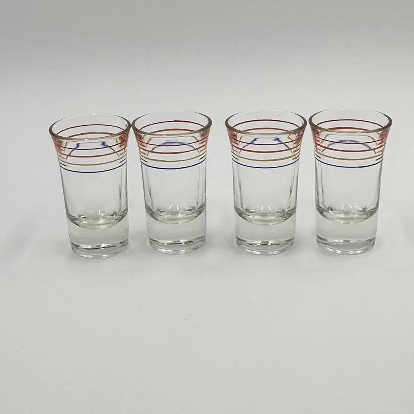 Anchor Hocking Four Thin Banded Shot Glasses Rainbow Fiesta Depression Era 1930