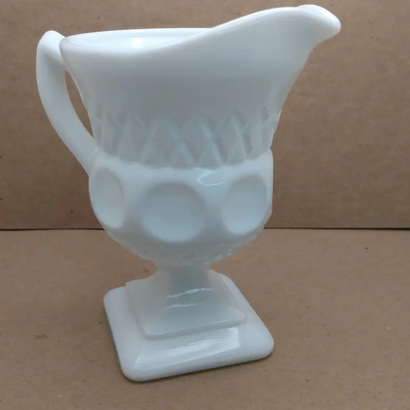 POW1 McKee Plymouth White Milk Glass Creamer Thumbprint Footed Pitcher