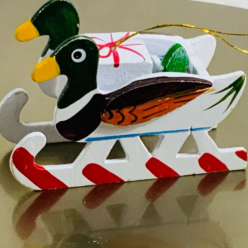 Handmade Wooden Duck Sleigh With Presents And A Christmas Tree Vintage Christmas Ornament Approximately 2.25” Tall And 3” Long