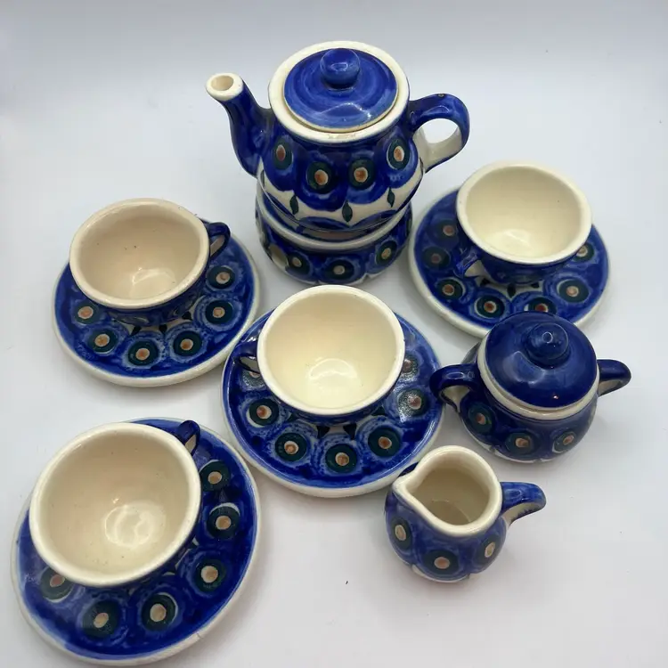 Boleslawiec Polish Pottery Miniature Tea Set "Peacock" Pattern 14 Piece Set