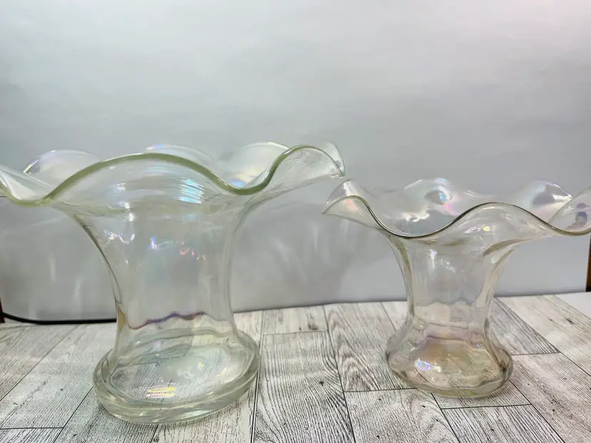 Pair Of Vintage, Hand Blown,Bohemian Style Iridescent Glass Ruffled Vases