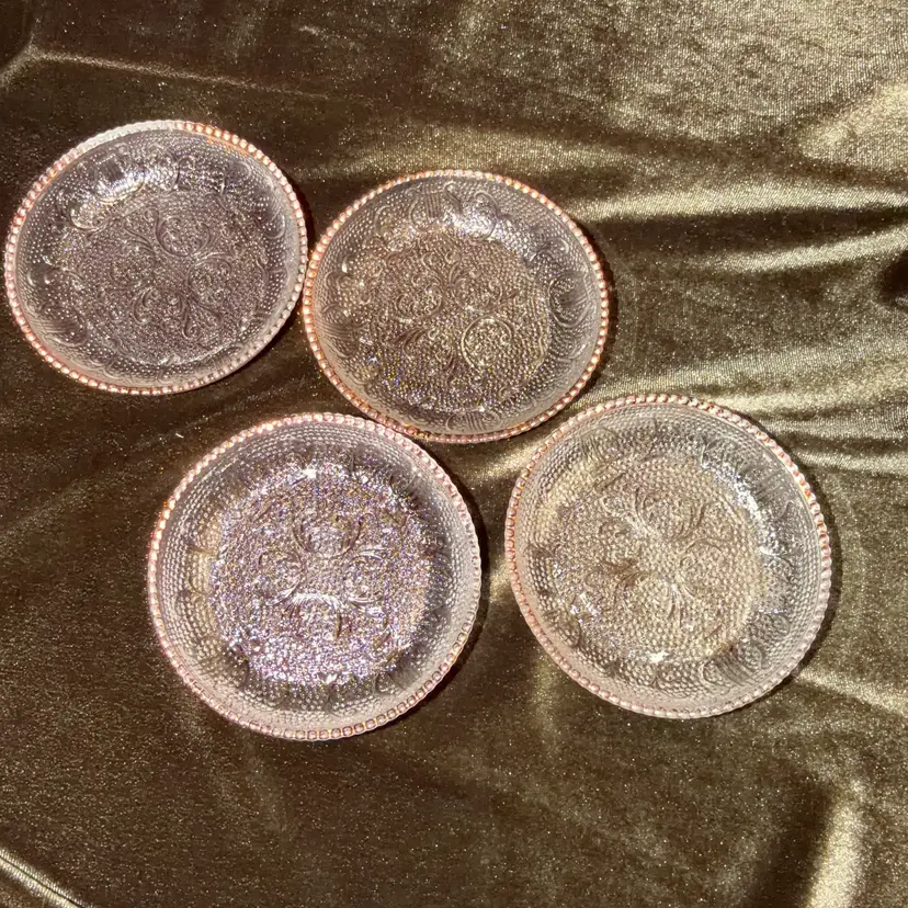 Vintage Jeannette Glass Harp Trinket Coasters w/Gold Beaded Edge Set of 4